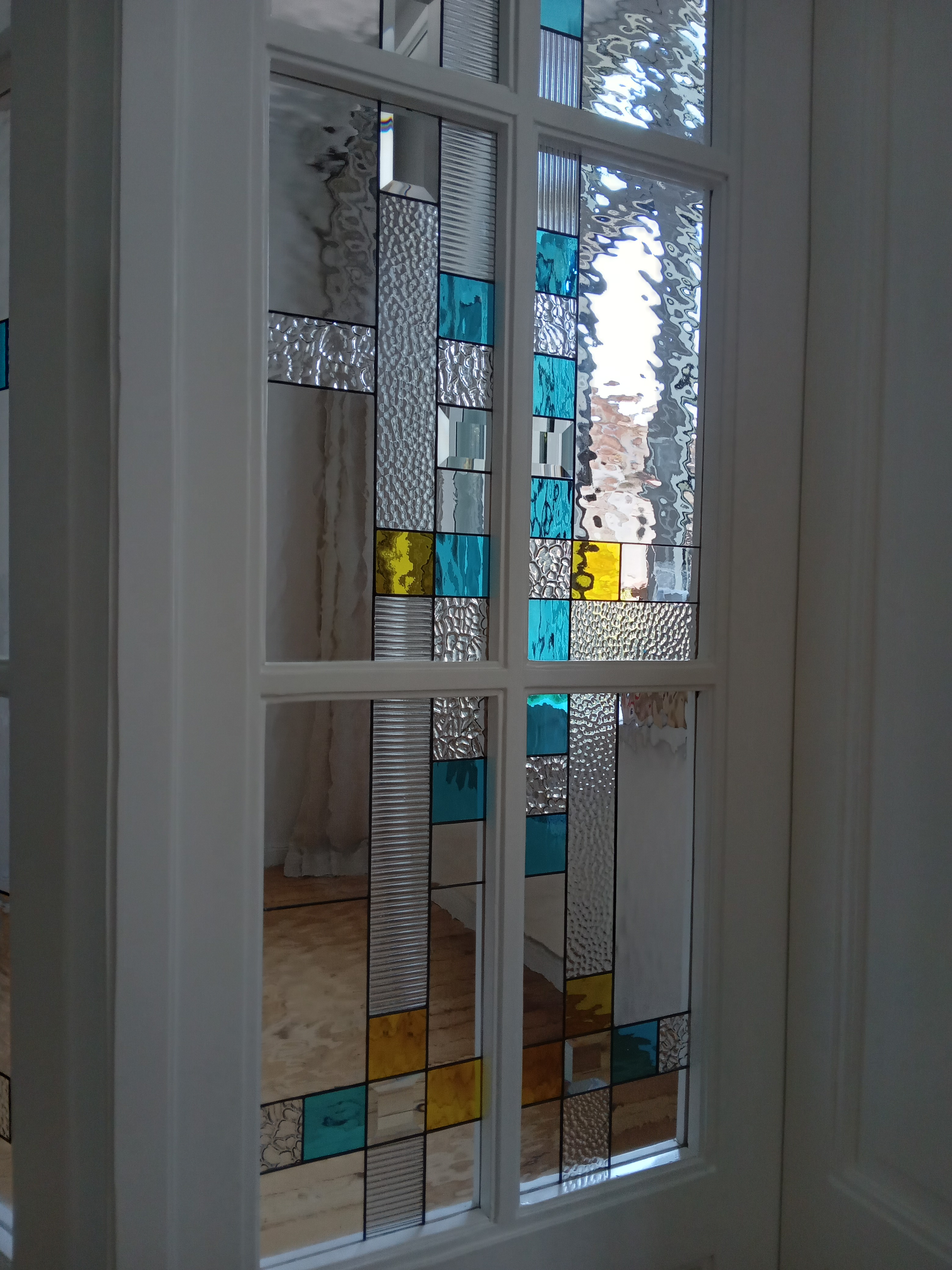 Door Model 220 — Azure Geometry stained glass detail