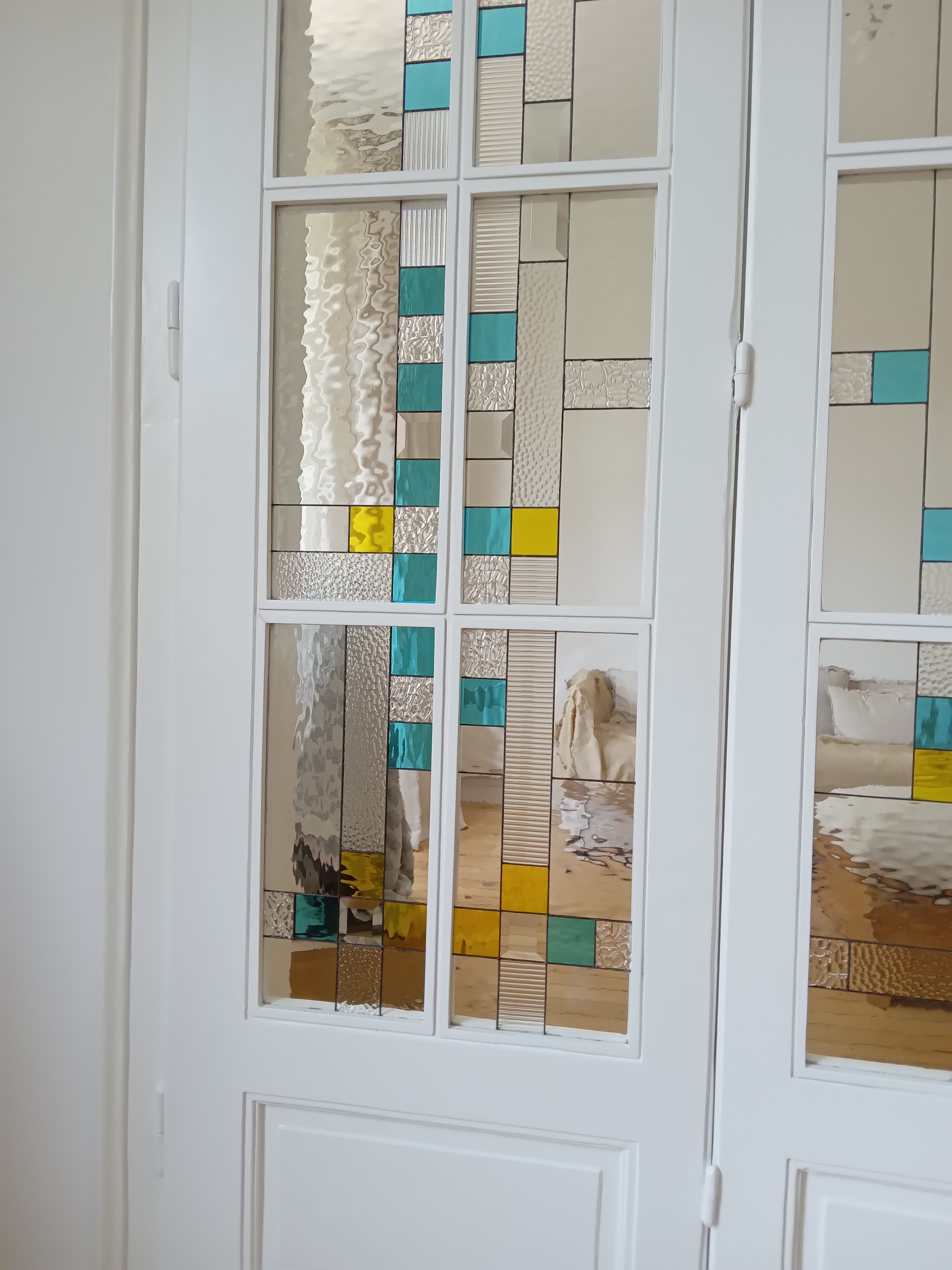 Door Model 220 — Azure Geometry stained glass detail